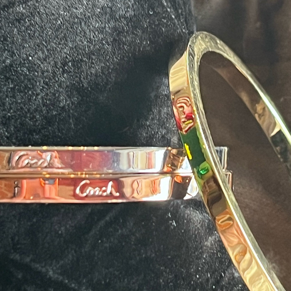 Coach Tri-Tone Stacking Bangle Bracelet Set w/ Pouch, Logo Engraved - Picture 5 of 6